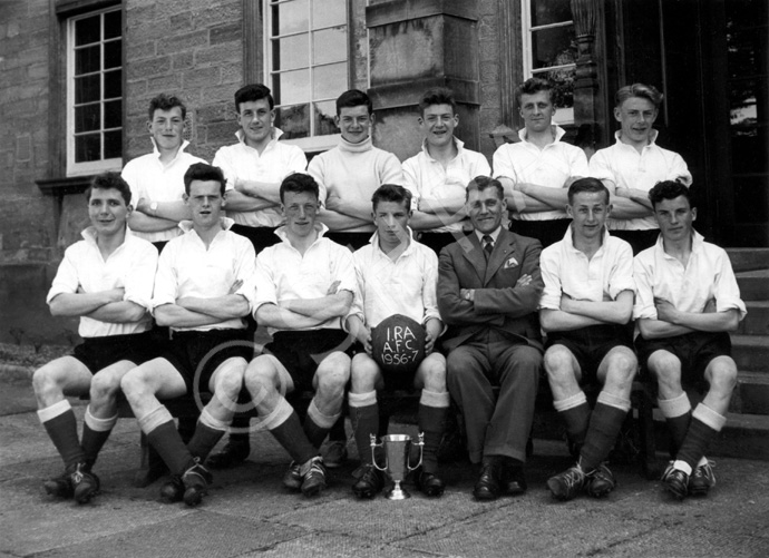 Football 1st XI 1956-1957. Rear: John Summers, Calum MacIntyre, Alex MacDonald, George Ross, Gordon Menzies, Ian Cullen. Front: Ian Boyde, Ian Nicol, William MacGuire, John Hiller (C),  Mr Cunningham, Norman  MacLennan, Derek MacRae. (Courtesy Inverness Royal Academy Archive IRAA_001).