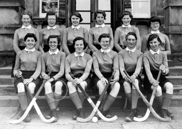 Hockey 2nd XI 1956-1957. Rear: Anne Davidson, Janice Cumming, Helen Flynn, Jean Sydie, Kathleen Russell, Rhea Skinner. Front: Gillian MacPherson, Helen Simpson, Mairi MacNeil, Elizabeth MacIntyre, Heather-Ann Munro, Morven Jenkins. (Courtesy Inverness Royal Academy Archive IRAA_003).