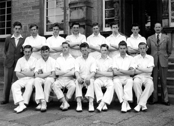 Inverness Royal Academy Cricket 1st XI 1956-1957. Rear: John Garvey, Alastair Yeudall, Ewan Lawson, Roderick MacKenzie, James MacQueen, Ruaridh MacDonald, Ian MacDiarmid, Mr Thom. Front: Alan Barclay, Ian Munro, Ian Robin, Gordon King (C), Murray Thom, James Sydie, Norman MacLennan. (Courtesy Inverness Royal Academy Archive IRAA_006).