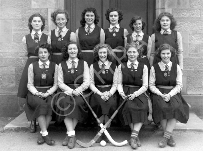 Hockey 1st XI  1948-1949. Rear: Lorna Menzies (VC), Vaila MacLeod, Margaret MacLennan (P), Isobyl Bauchop, Maisie Forsyth, Alice MacLeod. Front: Adela Fuchsova, Erica Donald (P), Aileen Barr (SC), Peggy MacLeod (P), Deirdre Munro (P). (Courtesy Inverness Royal Academy Archive IRAA_010).