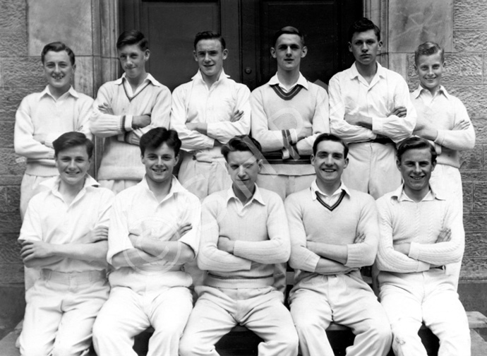 Inverness Royal Academy Cricket c1948-1949. Rear: Leslie Hodge, Alex MacAskill, Alan Smith, Ian Rodger, Donald A. MacLennan, Niven Grant. Front: W.R Cameron, Harold C. Beaton, Scott D. Moffat, Allan E. Cameron, Brian MacDonald. (Courtesy Inverness Royal Academy Archive IRAA_012). 