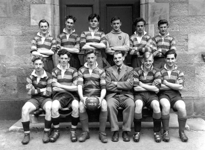 Football 1st XI 1948-1949. Rear: Leslie Hodge, Prefect Frank Taylor, School Captain Allan Cameron, Alex MacAskill, Angus MacKenzie, William Corbett. Front: Alastair Jamieson, Prefect Roderick J. MacLeod, Roland MacKenzie, Mr Cunningham, Lachlan Russell, Louis Forrai. (Courtesy Inverness Royal Academy Archive IRAA_013).