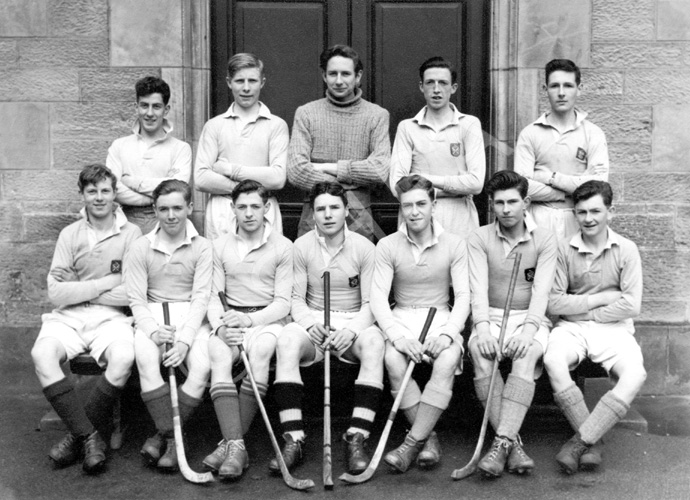 Shinty 1946-1947. Team members were: Kenneth M. MacRae, John M. MacDougall, A.A. MacKintosh, Sammy MacDonald, Alan Douglas, G.A Angus, John M.S Rose, Angus MacGruer, Derick MacKenzie, Evan Hill, Malcolm MacVicar, Stanley D. Fleming. (Courtesy Inverness Royal Academy Archive IRAA_019).