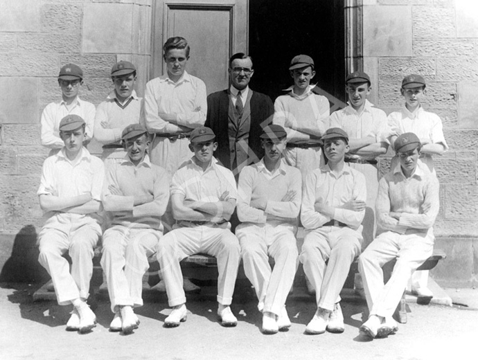 Inverness Royal Academy Cricket 1st XI 1945. Rear: Donald MacLennan, W.K Smith, Ted Murdoch, Mr Laurence Rogers, Laurence Rogers (scorer), Callum MacAulay, Ian (John) Braid. Front: William White, Hamish Gray, Fred Kelly, Ian Noble, Bobby McKinlay, Donald Ross. (Courtesy Inverness Royal Academy Archive IRAA_030).