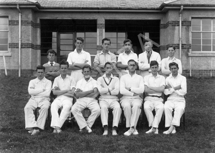 Inverness Royal Academy Cricket 1st XI 1943. Rear: Laurence Rogers, Don McLennan, W.K Smith, Ed Murdoch, Callum MacAulay, Ian (John) Braid. Front: J. Tulloch, William White, Hamish Gray, Fred Kelly, Ian Noble, Bob McInlay, Don Rose. (James Cattell (C) not present). (Courtesy Inverness Royal Academy Archive IRAA_033).