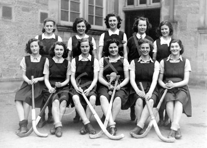 Hockey 1st XI 1940-1941. Rear: Etta Robertson, Margaret Munro, Gladys Dunn, Rita Dennis, Isabel MacPherson. Front: Jean 'Biddy' Walker, Rosemary Holloway, Dorothy MacNab, Aileen MacDonald, Margaret Hill, Margaret Jones. (Courtesy Inverness Royal Academy Archive IRAA_035).