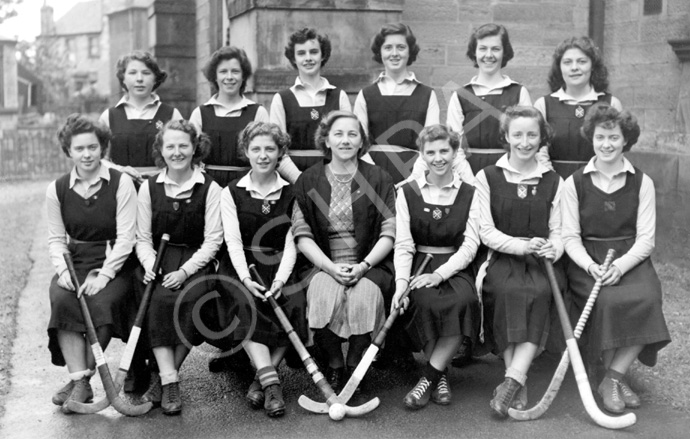 Hockey 1st XI 1949-1950. Rear: Peggy Montgomery, Jean Douglas, Isobyl Bauchop, Isobel Broman, Helen Ford, Alice MacLeod. Front: Sandra Oliver, Aileen Munro, Peggy MacLeod, Miss Maude Yule, Deirdre Munro, Vaila MacLeod, Margaret Oliver. (Courtesy Inverness Royal Academy Archive IRAA_059).
