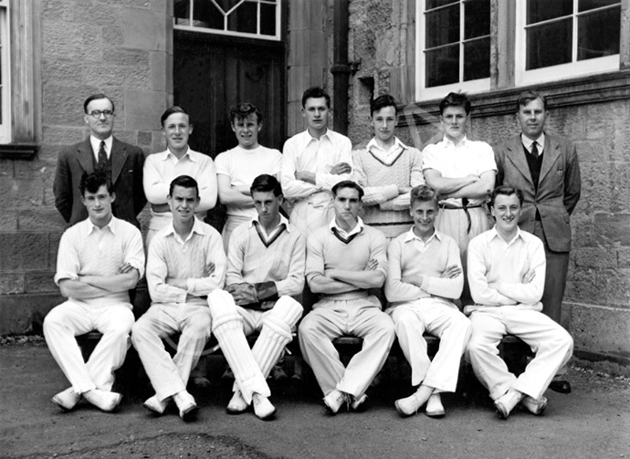 Inverness Royal Academy Cricket 1st XI 1949-1950. Rear: Mr McArdle, Ross Martin, Scott Moffatt, Niven Grant, George Grant, Will Cameron, Mr MacLeay. Front: John Sanderson, Alfred Cooper, Donald MacLennan, Brian MacDonald (C), Ian Rodger, Leslie Hodge. (Courtesy Inverness Royal Academy Archive IRAA_064).