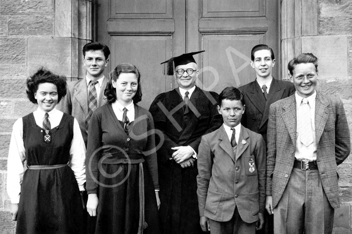 Inverness Royal Academy Medallists June 1951. Sandra Oliver, Will Cameron, Annabel Brown, Rector D.J MacDonald, Ewan Hay, Torquil MacLeod, Morton Fraser. (Courtesy Inverness Royal Academy Archive IRAA_068).