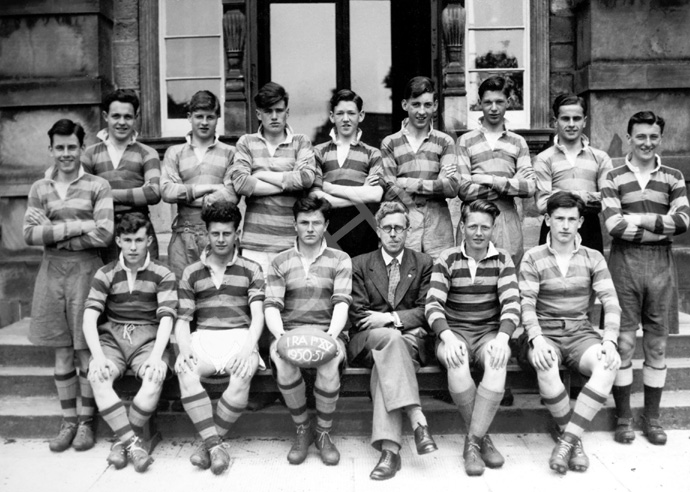Rugby  1st XV 1950-1951. Rear: Ronald Leishman, Ian Notman, Colin MacKenzie, Alistair MacPherson, Ja.....