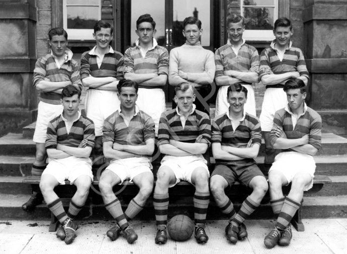 Soccer 1st XI 1950-1951. Rear: Donald MacKenzie, David Forrest, Alfred MacKintosh, James Smith, Ian Rodger, Duncan MacKenzie. Front: Ivan Fletcher, Neil Smith, Lachlan Russell (C), Leslie Hodge, Donald MacLennan. (Courtesy Inverness Royal Academy Archive IRAA_071).