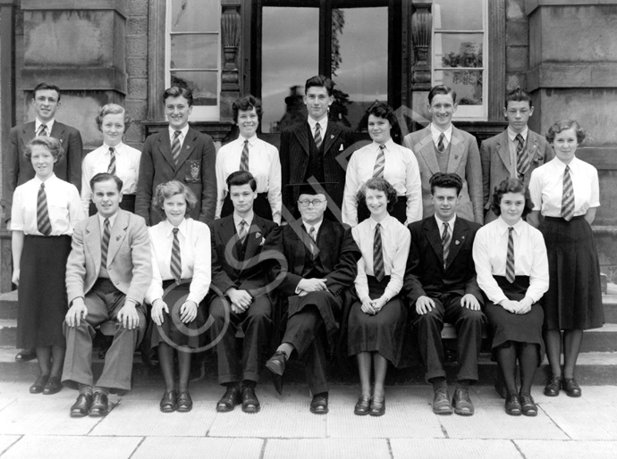 Inverness Royal Academy Prefects 1951-1952. Rear: Mary Smith, Alistair MacBeath, Ann Graham, Leslie Hodge, Jean Douglas, Sandy Sanderson, Joan Latham, David Forrest, Sandy Davidson, Jean Drummond. Front: Neil Smith, Sylvia MacLeod (VC), Gordon Beveridge (C), Rector D.J MacDonald, Jessmar Williamson, Donald W. Fraser (VC), Alison Boag. (Courtesy Inverness Royal Academy Archive IRAA_072).