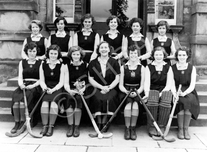 Girl's Hockey 1st XI 1951-1952. Rear: Mary Smith, Frances MacDonald, Anne Campbell, Ruth McArdle, Catherine Morrison, Evelyn Farquhar. Front: Joan Robertson, Alison Boag, Sylvia MacLeod (C), Miss Maude Yule, Jean Douglas (VC), Sheila Martin, Shona MacKintosh. (Courtesy Inverness Royal Academy Archive IRAA_076).