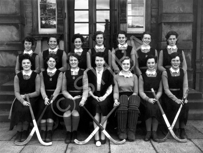 Hockey 2nd XI 1953-1954. Rear: P. Urquhart,          D. Liebmann, S. Robertson, J. Cameron, S. Campbell, E. Munro, J. Fraser. Front: D. MacTavish, J. Stoker, P. MacKenzie, M. MacRae, F. MacDonald, I. Rose. (Courtesy Inverness Royal Academy Archive IRAA_086).