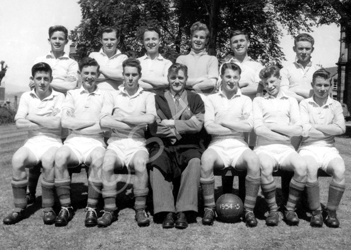 Football 1st XI 1954-1955. Rear: Alec Paterson, George Stewart, Ian Guthrie, Sandy MacNiven, Robert Cameron, Alec Fraser. Front: Callum MacIntyre, Alastair MacLeod, John Urquhart, John MacLellan, Alastair Finlayson, John Millar. (Courtesy Inverness Royal Academy Archive IRAA_093).