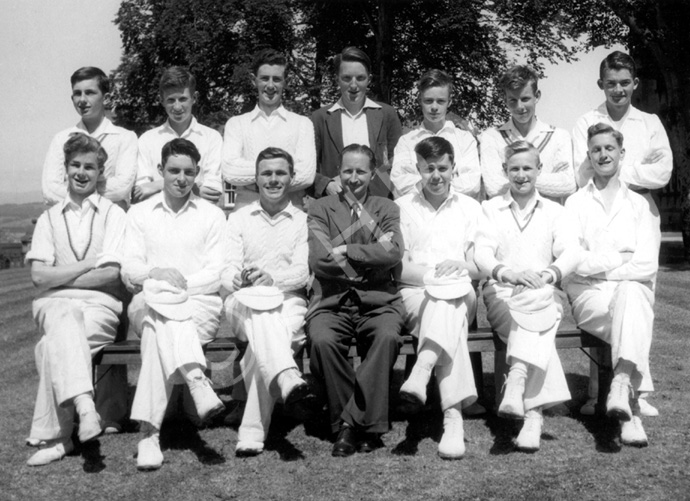 Inverness Royal Academy Cricket 1st XI 1954-1955. Rear: Alan Barclay, Gordon King, Alastair MacLeod, Peter Campbell, Ewen Lawson, Alastair Yeudall, James Sydie. Front: Sandy MacNiven, Duncan MacLennan, Robert Cameron,  Mr Thom, Ian Boag, Hamish Smith, Ian Robin. (Courtesy Inverness Royal Academy Archive IRAA_095).