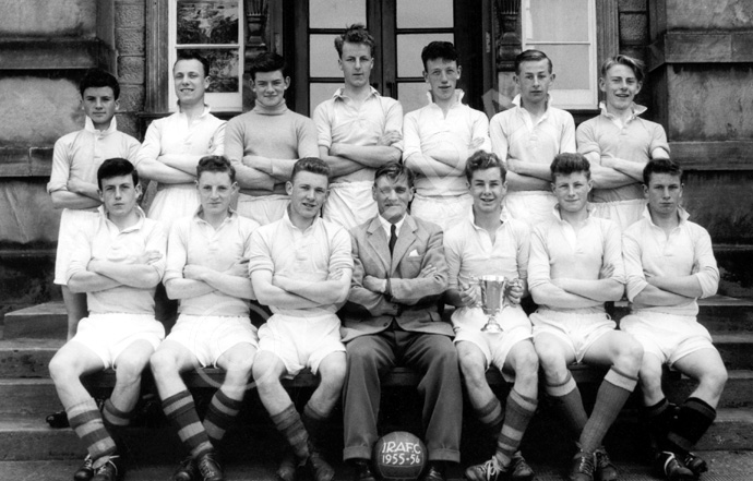 Association Football 1st XI 1955-1956. Rear: Derek MacRae, Ian Guthrie, Alex MacDonald, Hugh Grant, Billy MacGuire, Ian Cullen. Front: Calum MacIntyre, Roderick MacPherson, Alex Fraser, Mr Cunningham, Alex MacNiven, Alistair Finlayson, John Miller. (Courtesy Inverness Royal Academy Archive IRAA_099). 