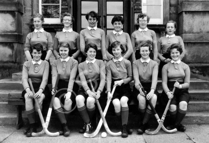 Hockey 2nd XI 1955-1956. Rear: Ann Davidson, Winifred Elliott, Maureen Bruce, Gillian MacPherson, Janice Cumming, Ann Dand. Front: Jean MacGillivray, Helen Flynn, Katherine MacInnes, Morven Jenkins, Elizabeth McIntyre, Rhea Skinner. (Courtesy Inverness Royal Academy Archive IRAA_101).