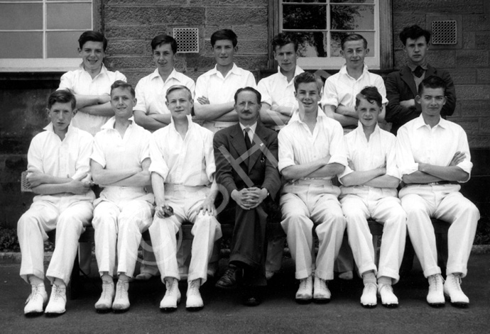 Inverness Royal Academy Cricket 1st XI 1955-1956. Rear: Rod MacKenzie, Allan Barclay, Ian Munro, Alistair Yeudall, Norman MacLennan, Ruaridh  MacDonald. Front: Gordon King, Ian Robin, Hamish Smith, Mr Thom, Alex MacNiven, Murray Thom, James  Sydie. (Courtesy Inverness Royal Academy Archive IRAA_102).