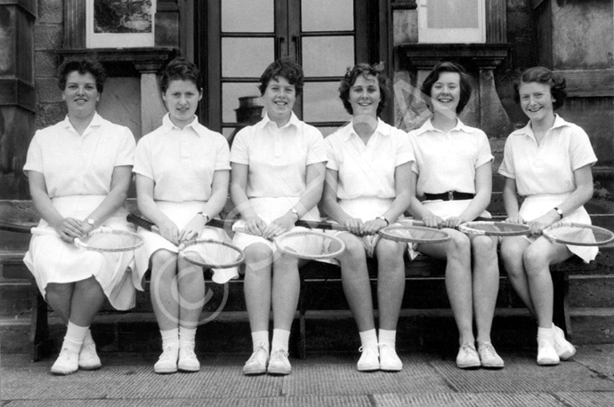 Inverness Royal Academy Tennis 1955-1956. Dagmar Liebmann, Betty Grant, Jean Stoker, Sheila Manson, .....