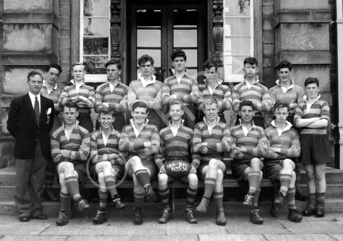 Rugby 1st XV 1955-1956. Rear: Donald MacLeod, Hamish Smith, John MacGillivray, Alastair MacLeary, James Wylie, Alastair Yeudall, Jack Bosworth, John MacArthur. Front: Mr Murray, David Moffat, Robert Ewen, Roderick MacKenzie, Ian Robin, John   Robertson, Robert Dewar, Ewan Lawson, David Philip. (Courtesy Inverness Royal Academy Archive IRAA_105).