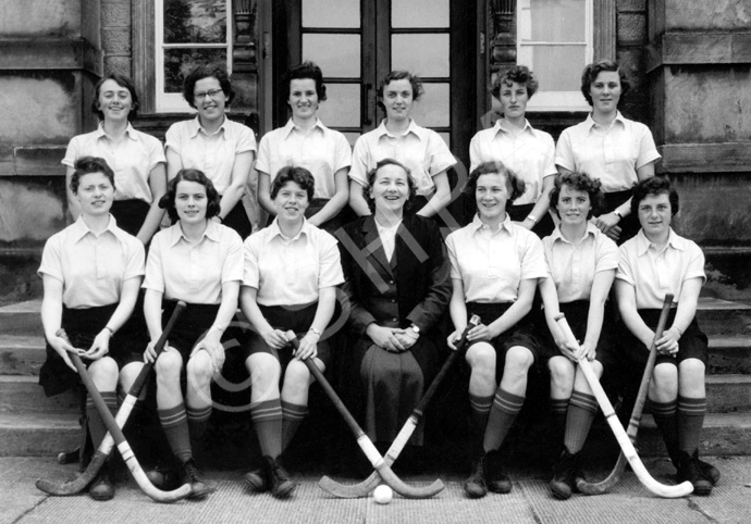 Hockey 1st XI 1955-1956. Rear: Margaret Ferguson, Elizabeth Mann, Shonaid Robertson, Helen Simpson, Marion Renfrew, Sheila Manson. Front: Betty Grant, Sheena Campbell, Jean Stoker, Miss Maude Yule, Ishbel Cameron, Pat Urquhart, Pat Cumming. (Courtesy Inverness Royal Academy Archive IRAA_108).