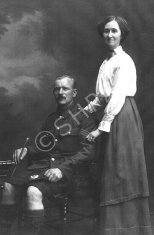 Robina Mitchell Fraser and John Hogg of the Cameron Highlanders. They were married in 1915 when Robina was working at Gordon Castle. Lieutenant John Hogg, MC, MM was born in 1887. He served in the Cameron Highlanders 1907 to 1920 and had the rare distinction of winning the Military Medal as a sergeant in 1916 and the Military Cross as an officer in 1919. A very full biography of him is held in the archives of the Highlanders' Museum at Fort George. Submitted by Catherine Cowing. 