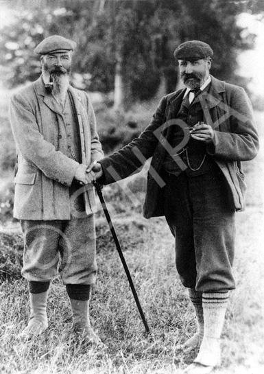 Gamekeeper David Sutherland with his brother Angus. The Sutherlands were originally from Kildonan but moved to Hilton village near Fearn. Angus was the Factor at Carbisdale Castle. David later served in the Inverness-shire Constabulary (1880-1887). Originally a gamekeeper in Helmsdale, he served in the police at Dores, then four years on Barra, then Locheport (North Uist), from where he returned to gamekeeping. He finished up owning the Hilton village pub and used to buy the newspaper and read it to the other villagers on the way back to the hotel. Submitted by Carole Urquhart James. (AP/H-0274)