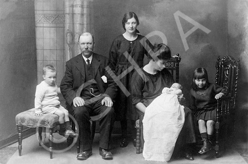 Christening of Donald Hugh Urquhart (born April 1923) with from left: David MacLeod Urquhart, father John Urquhart, cousin Catherine Ross, mother Jeannie Urquhart (nee Sutherland), and Mhairi Catherine Urquhart. Submitted by Carole Urquhart James.