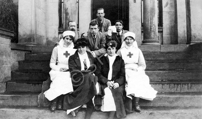 Recuperating soldiers and nurses at the Hedgefield House Red Cross Hospital during the First World War. May Fraser is seated at front right. Submitted by her daughter Heather Watts. (Fraser-Watts Collection)