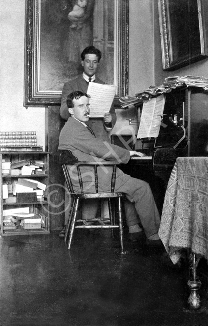 Recuperating soldiers playing the piano inside  Hedgefield House Red Cross Hospital during the First World War. Fraser-Watts Collection)