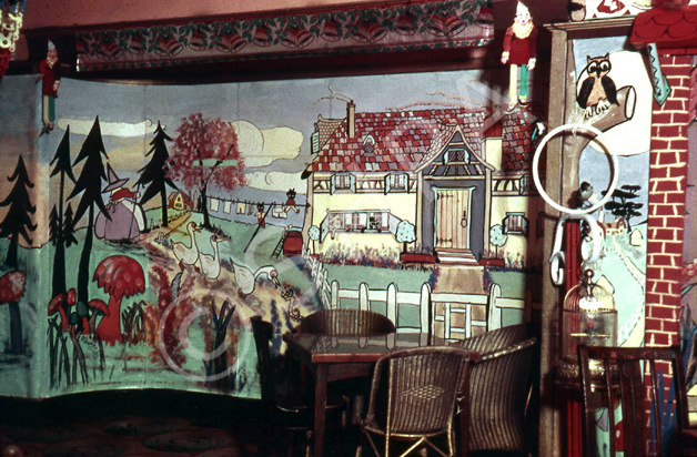 Playhouse Cinema foyer and restaurant, Christmas 1957. Every Christmas season, James Nairn, photographer and manager of the Playhouse, would decorate the foyer and cafe with hand painted cartoon and Disney themes to the delight of visiting children. The Playhouse Cinema was destroyed by fire in 1972, and sadly James Nairn lost the bulk of his photographic and memorabilia archives. (Courtesy James S Nairn Colour Collection). ~ *