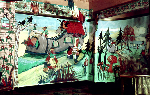 Playhouse Cinema foyer and restaurant, Christmas 1957. Every Christmas season, James Nairn, photographer and manager of the Playhouse, would decorate the foyer and cafe with hand painted cartoon and Disney themes to the delight of visiting children. The Playhouse Cinema was destroyed by fire in 1972, and sadly James Nairn lost the bulk of his photographic and memorabilia archives. (Courtesy James S Nairn Colour Collection). ~ *