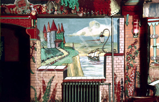 Playhouse Cinema foyer and restaurant, Christmas 1957. Every Christmas season, James Nairn, photographer and manager of the Playhouse, would decorate the foyer and cafe with hand painted cartoon and Disney themes to the delight of visiting children. The Playhouse Cinema was destroyed by fire in 1972, and sadly James Nairn lost the bulk of his photographic and memorabilia archives. (Courtesy James S Nairn Colour Collection). ~ *