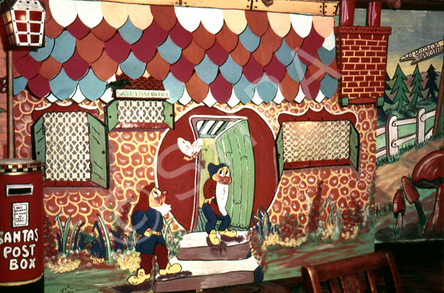 Playhouse Cinema foyer and restaurant, Christmas 1957. Every Christmas season, James Nairn, photographer and manager of the Playhouse, would decorate the foyer and cafe with hand painted cartoon and Disney themes to the delight of visiting children. The Playhouse Cinema was destroyed by fire in 1972, and sadly James Nairn lost the bulk of his photographic and memorabilia archives. (Courtesy James S Nairn Colour Collection). ~ *