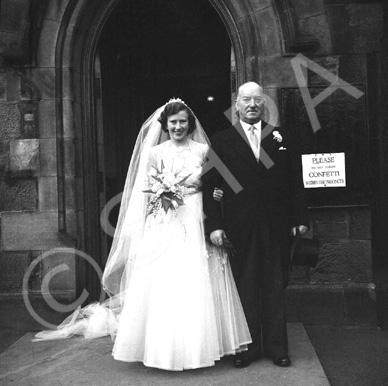 Miller, 'Broomfield,' February 1954. Bride Pat Fraser with father outside the Old High Church on Chu.....