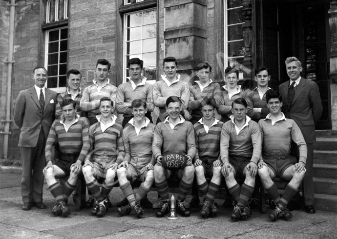 Rugby 1st XV 1956-1957. Rear: Mr Murray, David Richards, Peter Willis, Kenneth Gardener, Gerald Tayl.....