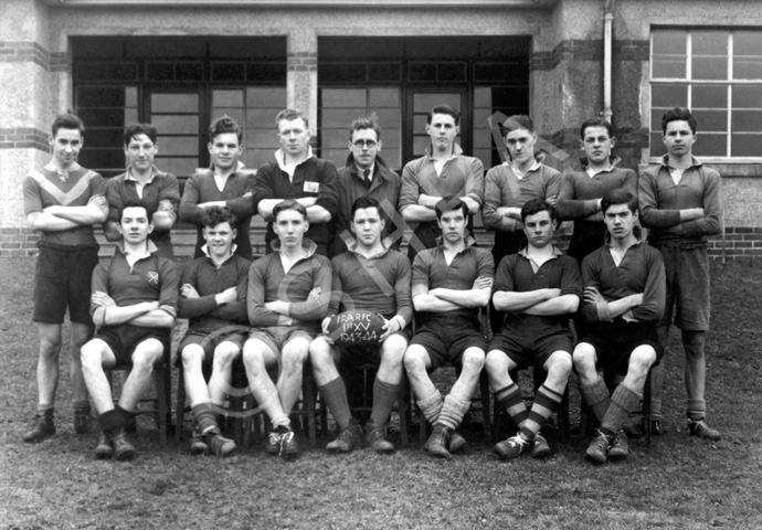 Rugby 1st XV 1943-1944. Rear: A.J McLaren, J.G McPhee, R.L McKenzie, Spencer Marr, Mr C.J Buchanan, .....