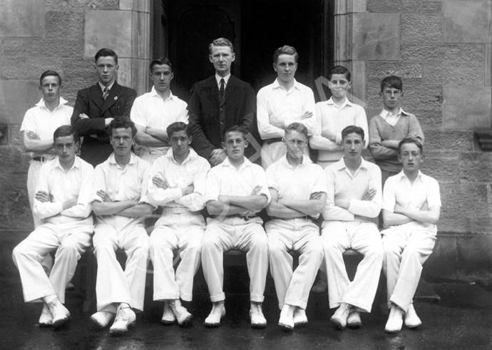 Inverness Royal Academy Cricket 2nd 1944. Rear: Donald Campbell, Callum MacAulay (umpire), Jim Harpe.....