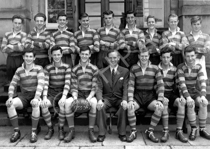 Rugby 1st XV 1953-1954. Rear: A. Cunningham, A. Robertson, A. MacLeod, William Ford, I. Finlay, R. P.....