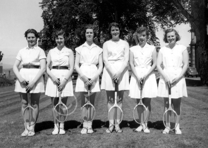 Inverness Royal Academy Tennis 1954-1955.  Joy Fraser, Avril Cameron, Beatrice MacPherson, Jacquelin.....