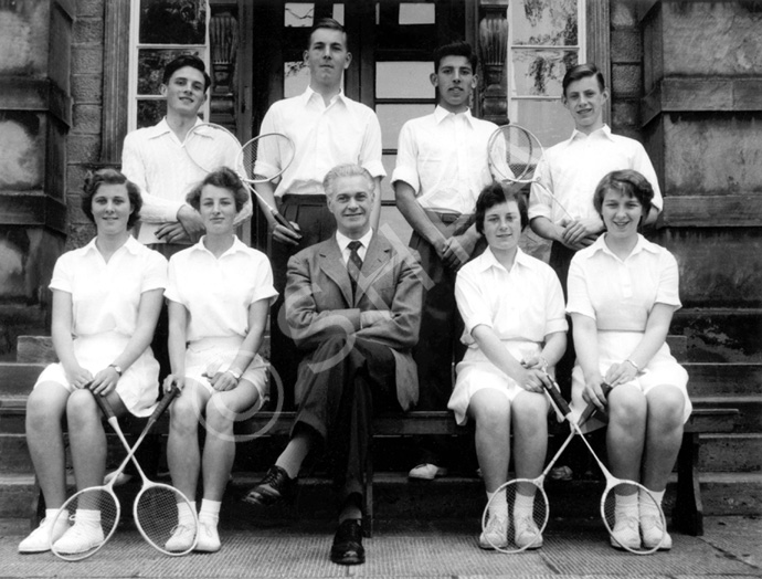 Inverness Royal Academy Badminton 1955-1956. Rear: Ian MacPhee, John Ross, Robert Dewar, William Moi.....