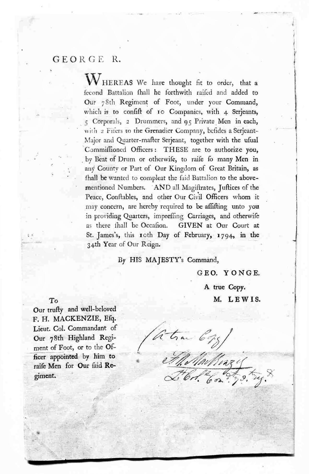 Official order announcing the raising and recruiting of a second battalion of the 78th Highland Regiment, February 1794.